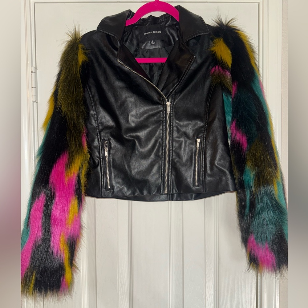 Jealous Tomato Black Faux Leather Jacket with Multicolor Faux Fur Sleeves